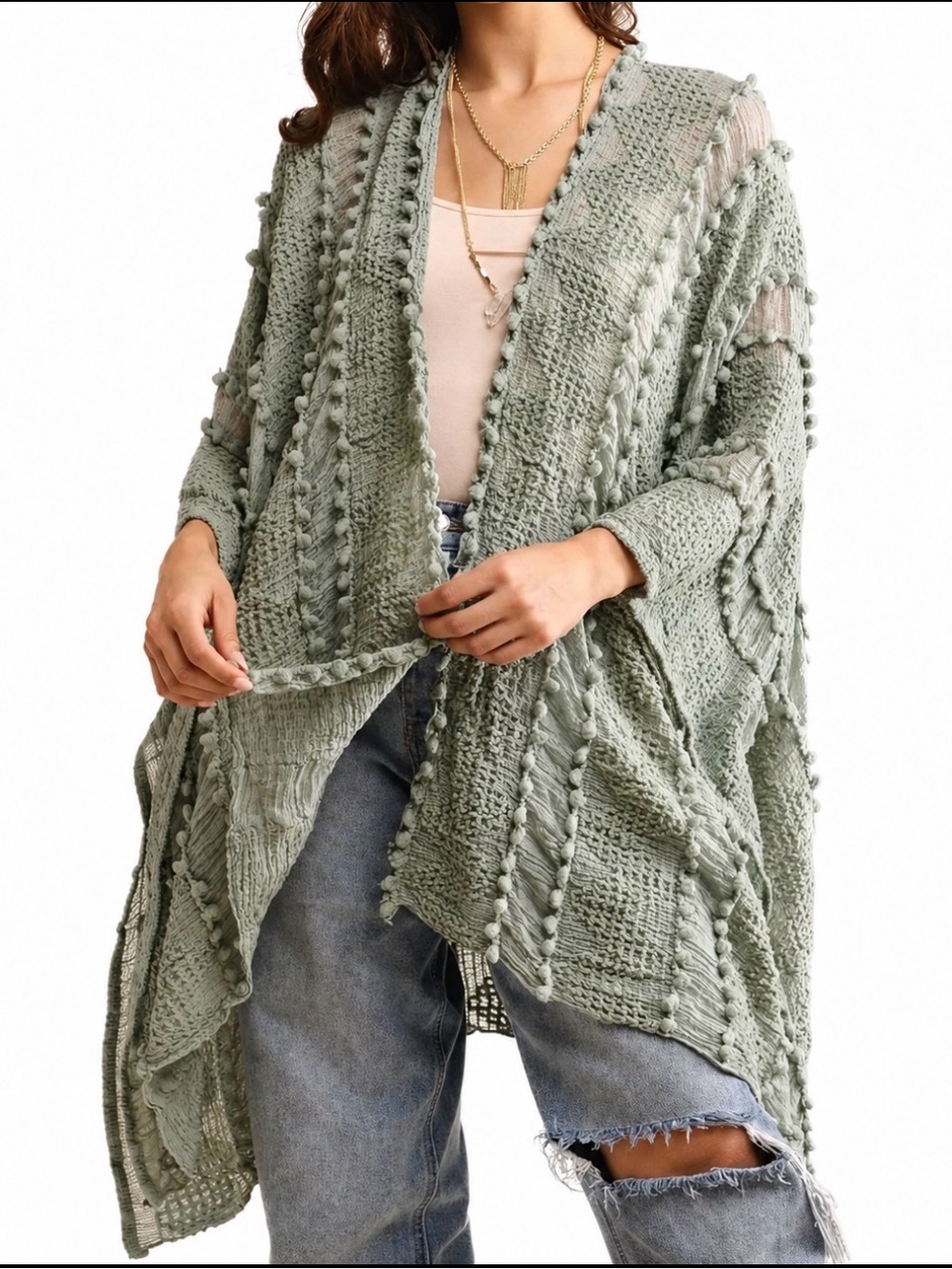 Saachi Sage Green Relaxed Fit Open-Front Textured Cardigan Wrap Poncho